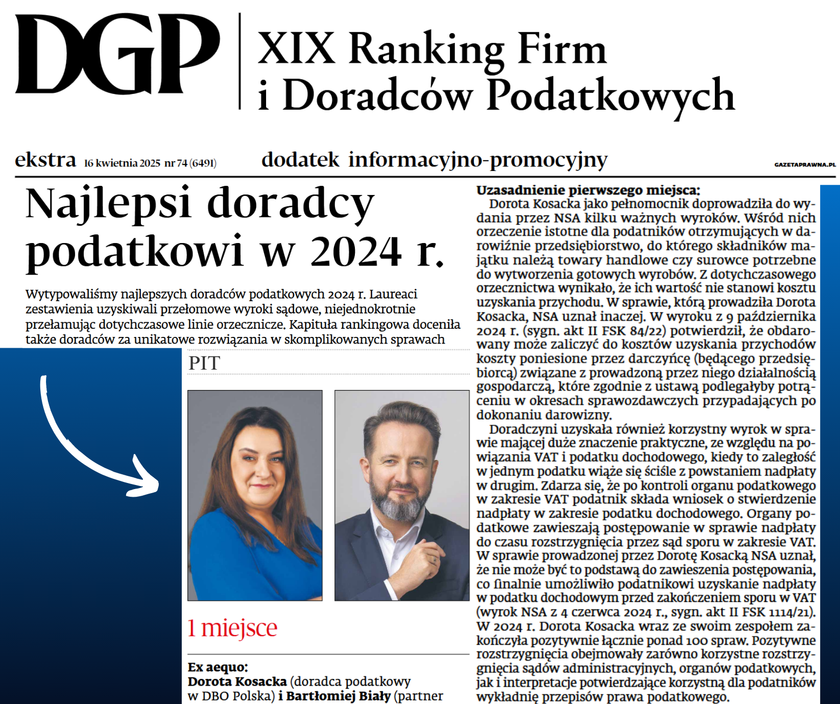 XIX Ranking Firm i Doradców Podatkowych  – Dziennik Gazeta Prawna, Najlepsi Doradcy Podatkowi w 2024 r.